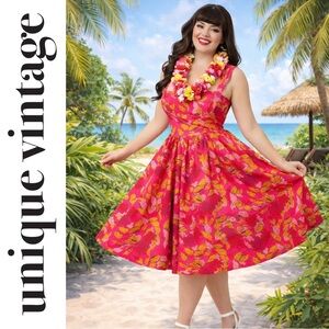 Unique Vintage 1950s Red & Pink Tropical Floral Swing Dress, Large, NWT!